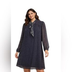 TYLHO Navy Polka Dot Tie Neck Long Sleeve Dress Size Small